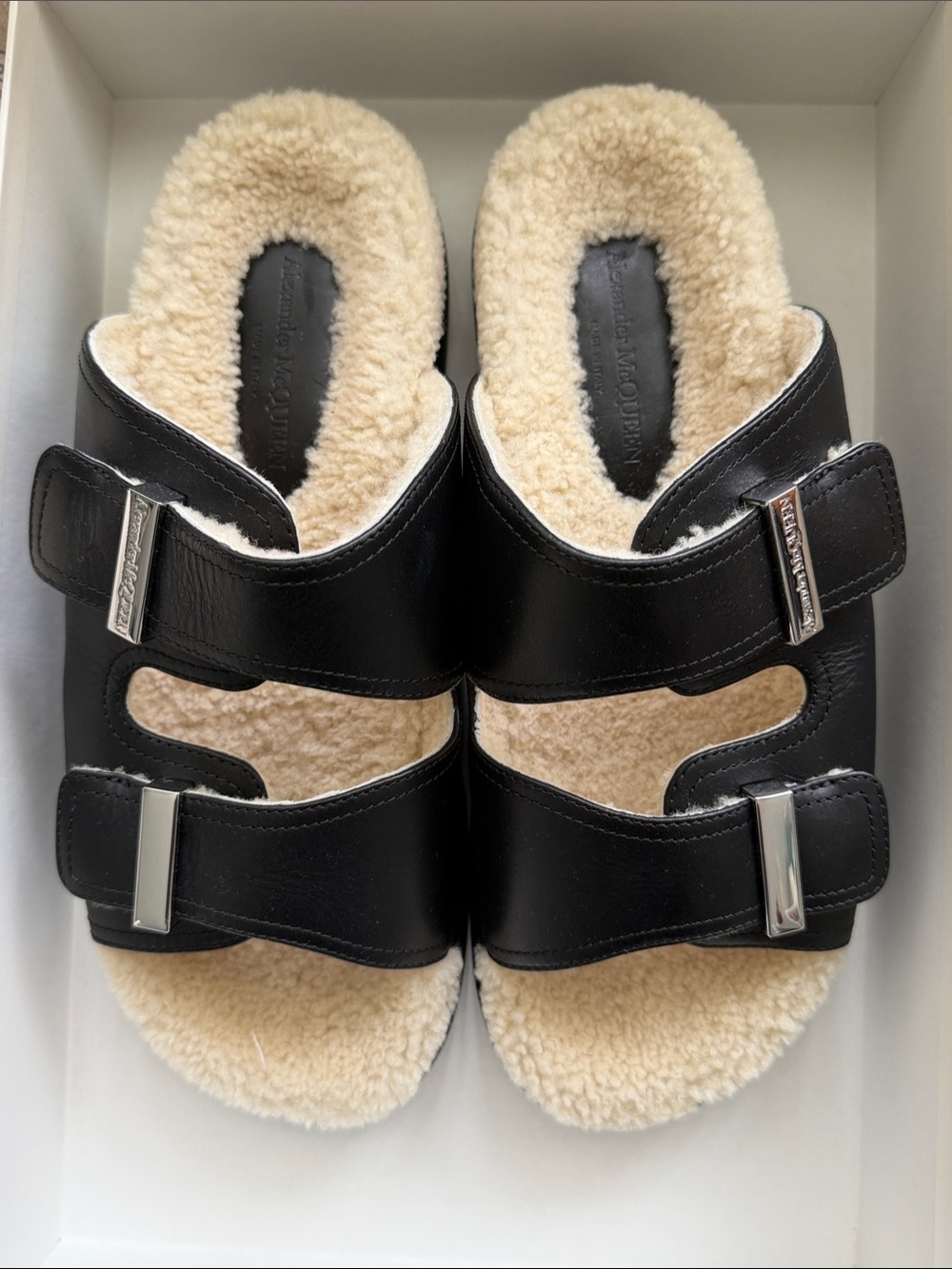 Alexander McQueen Black Leather Slides with Cream Shearling